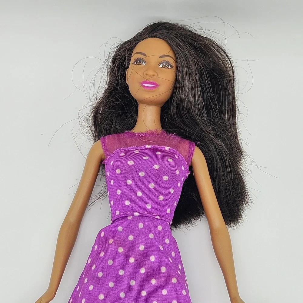 Barbie Doll African American Dark Hair Brown Eyes Purple Polka Dot Dress Mattel